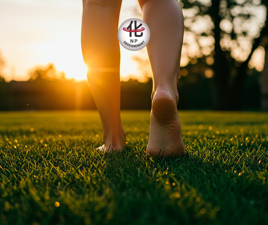 Personne marchant dans un jardin au matin Marche pieds nus dans l’herbe Personne respirant profondément en nature Vêtements amples, posture détendue