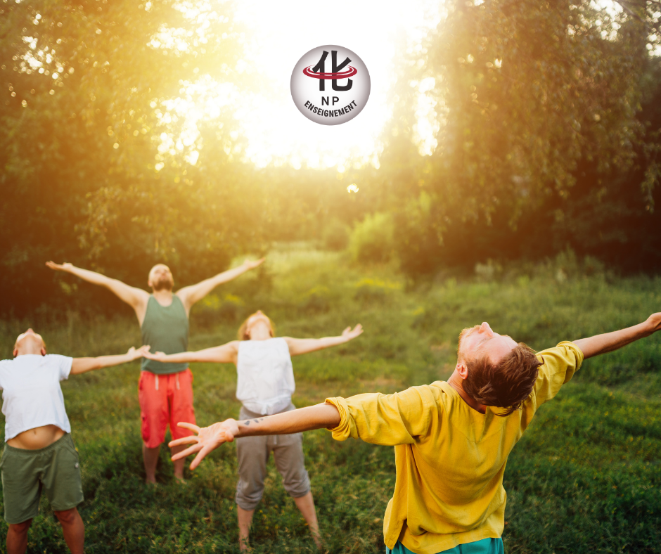 Pratique de Qigong en extérieur Étirement lent des bras vers le ciel Posture stable, calme Groupe pratiquant au lever du soleil